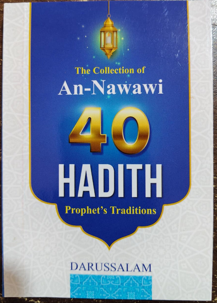 Book cover of 'The Collection of An-Nawawi 40 Hadith' with blue and gold design. Main image