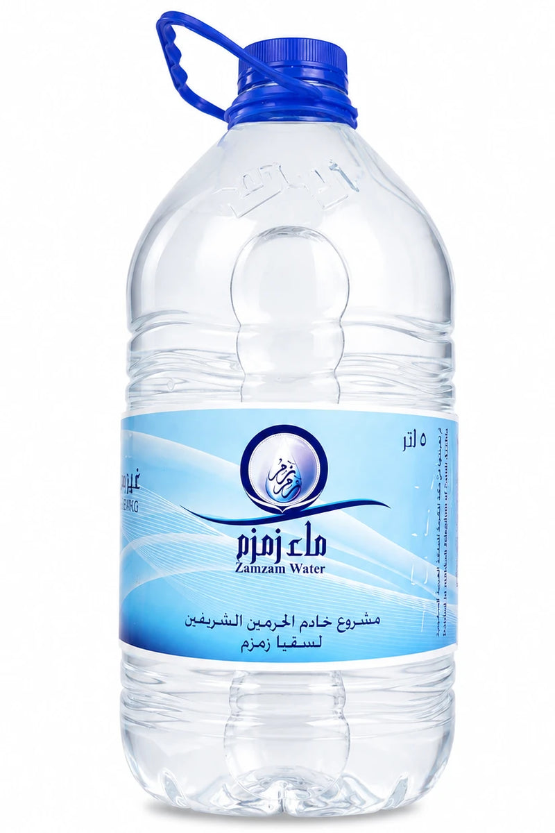 Zam Zam Water 5 Litre bottle with official Zamzam Water label, King Abdullah bin Abdulaziz Project for Zamzam Water Supply – original Zam Zam water price in Pakistan, Darussalam
